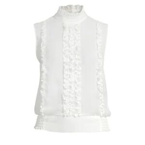 FRAME Crepe Ruffle Mock Rear button sleeveless Top Blouse Off-white Sz M RTL$275